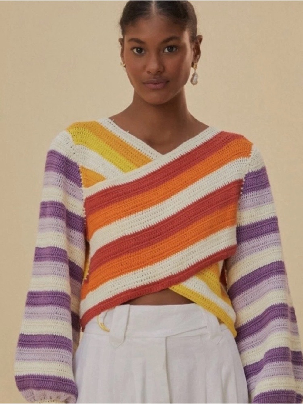 Farm Rio Sunset Stripes Crochet Sweater in Yellow, Orange, Purple NEW